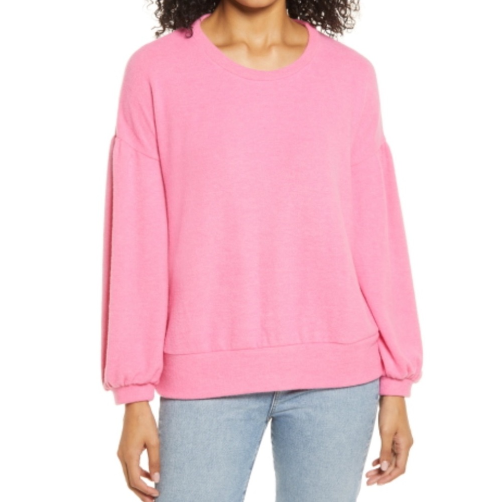 NWT Everleigh Womens Balloon-Sleeve Sweater Solid Pullover in Pink
